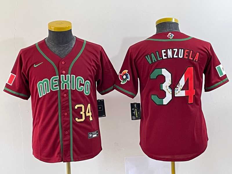 Youth Mexico Baseball #34 Fernando Valenzuela 2023 Red World Classic Stitched Jersey 5